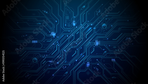 Futuristic abstract background with AI circuit board pattern and blue data lines. Cyber network structure across tech texture, inspired by processors, electronics and digital infrastructure systems.