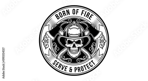 Firefighter skull emblem with bold design.