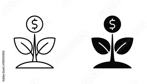 Minimalist vector line art and solid icon set featuring a sprouting plant with a dollar coin symbol representing financial growth and investment success isolated on a clean white background