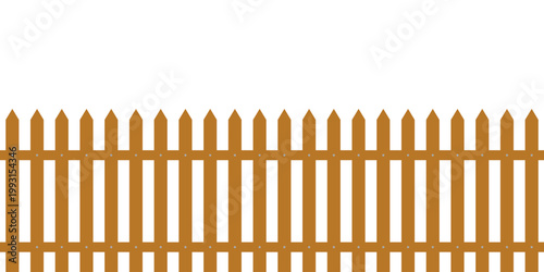 Brown wooden picket fence with evenly spaced vertical slats and pointed tops vector design on a white background.