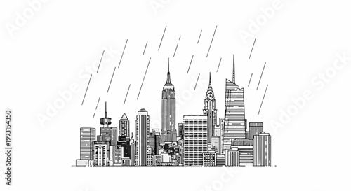 Stylized black and white drawing of a city skyline during a rain shower