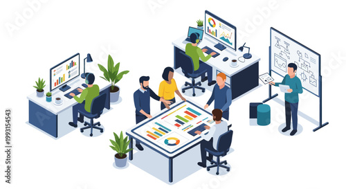 Isometric view of business team working together in modern office.