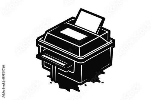 Black and white illustration of a desktop inkjet printer with ink spill