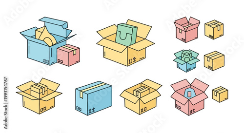 Collection of isometric line art cardboard boxes for shipping and delivery.
