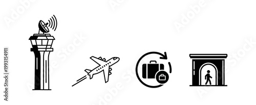 Airport icons representing control tower, airplane, baggage check, and passenger entrance