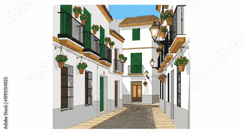 Narrow cobblestone alley with white buildings, green shutters, and flower baskets