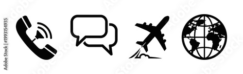 Set of four icons a phone call, chat bubbles, a plane flying over mountains, and a globe representing travel and communication