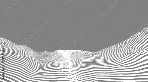 Abstract topographic landscape with white contour lines on grey background and scattered white dots