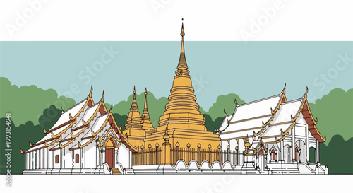Serene golden stupas and ornate white structures with tiered roofs, amidst lush greenery