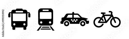 Diverse flat black vector icons depicting essential urban and public transportation modes bus, train, taxi, and bicycle, perfect for travel planning and modern mobility concepts