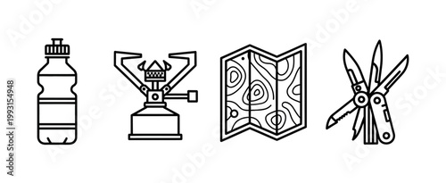 A comprehensive collection of indispensable outdoor adventure icons, perfect for representing essential hiking, camping, and exploration gear