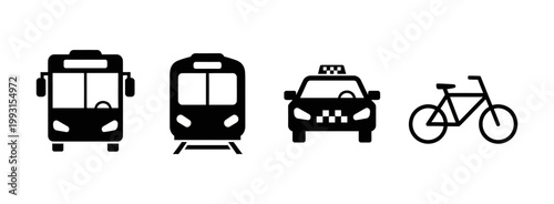 Diverse urban transportation vector icons. Minimalist black silhouettes of a bus, train, taxi, and bicycle. Ideal for modern city travel and mobility concepts