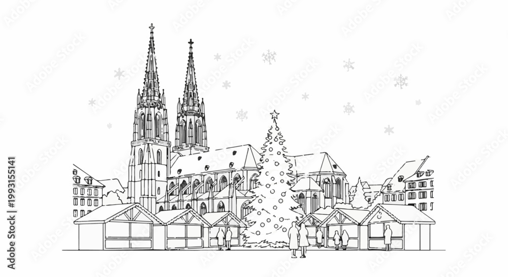Fototapeta premium Festive Christmas market scene with twin-spired cathedral and stalls