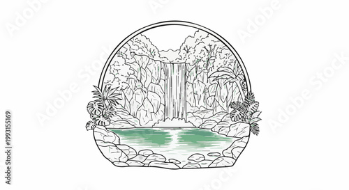 Lush tropical waterfall cascades into a clear pool surrounded by lush foliage