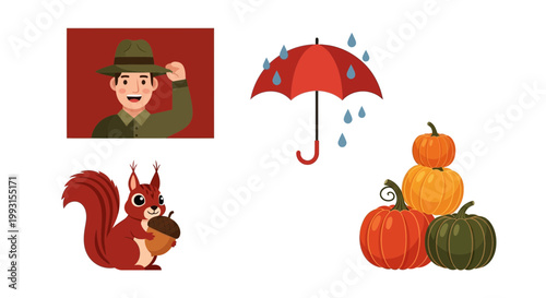 Set of autumn harvest icons including a man in a hat rain umbrella squirrel with an acorn and pumpkins isolated on a transparent background