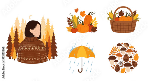 Flat design vector illustration of autumn forest woman wearing cozy sweater surrounded by pumpkins and mushrooms under warm sunlight for lifestyle design