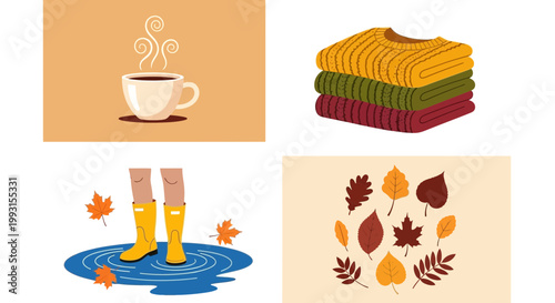 Flat design vector illustration of cozy autumn season lifestyle featuring warm drink and falling leaves