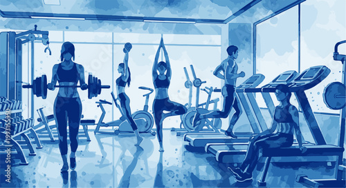 People exercising in a gym with weights, yoga, and treadmills
