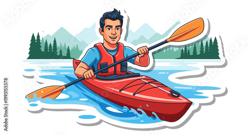Flat design vector illustration of person kayaking on water in nature with bright sunlight showing active lifestyle adventure