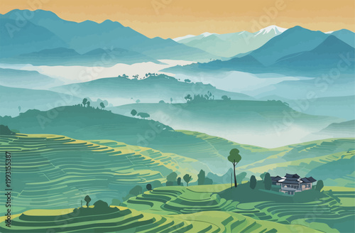 Green Terraced Fields with Mountain Landscape
