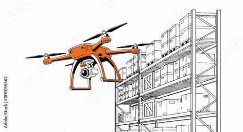 Orange drone inspects boxes on tall warehouse shelving