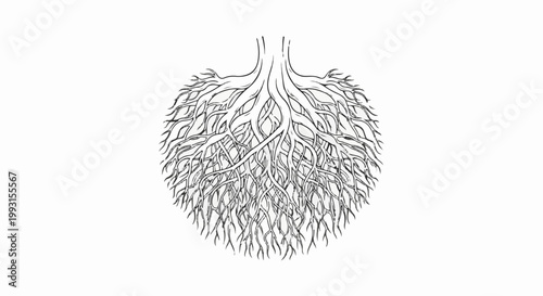 Intricate black and white drawing of a complex root system forming a circular shape