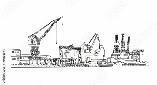 Industrial waterfront with cranes and oil rigs
