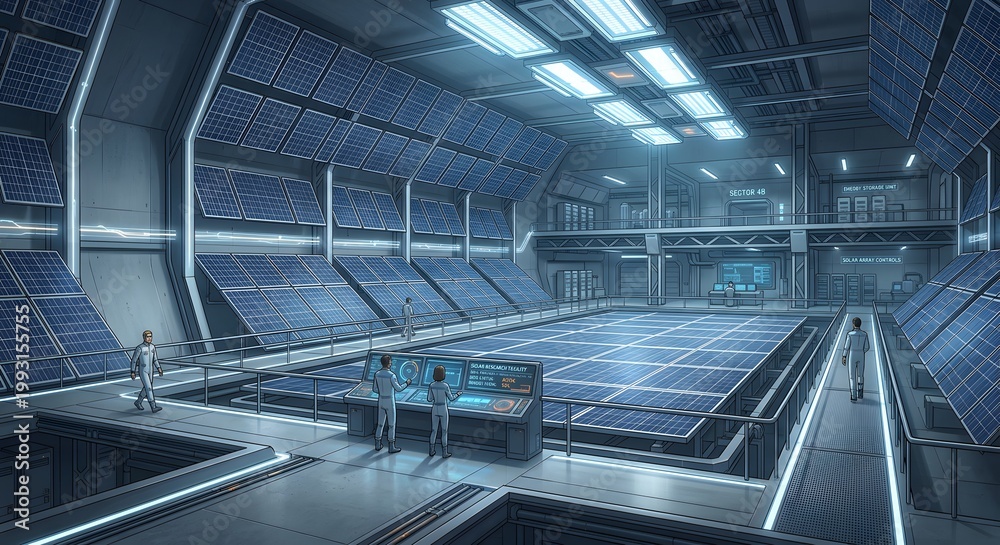 Obraz premium Futuristic industrial interior with rows of solar panels and scientists monitoring energy.