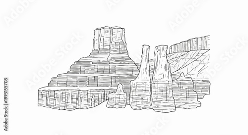 Dramatic rock formations in a stark, stylized line drawing