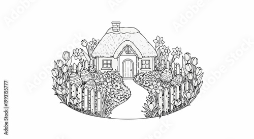 Charming thatched cottage garden filled with spring flowers and decorated Easter eggs