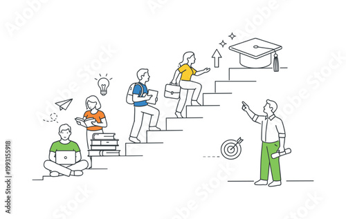 Individuals investing in education and personal development to improve future opportunities and career prospects in a modern context, represented through a metaphor of a