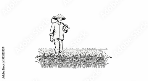 Farmer wearing conical hat carries hoe over shoulder amidst lush green crop