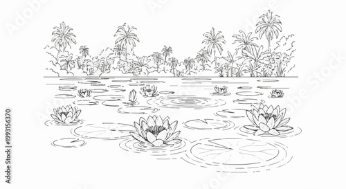 Lush tropical pond scene with lily pads and palm trees in background