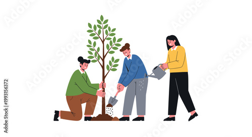 people planting and watering a tree.