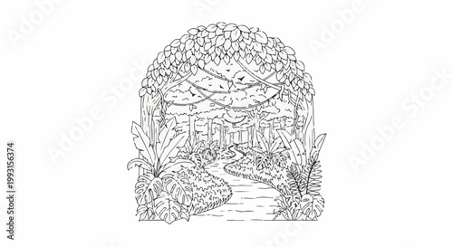 Lush jungle scene with winding path under dense foliage and vines