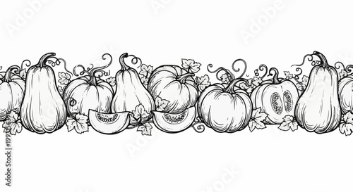 Black and white line art border of various squash and leaves