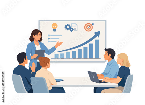 Team briefing scene where a presenter outlines strategy and information to colleagues using a visual display, emphasizing knowledge transfer, engagement, and