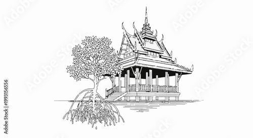 Black and white drawing of a traditional gazebo and mangrove tree