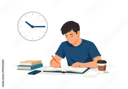 A focused study moment where a student maintains discipline and concentration while completing tasks, reflecting self-control, time management, and personal