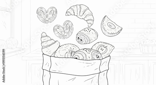 Assortment of baked goods spilling from a paper bag, with more pastries floating