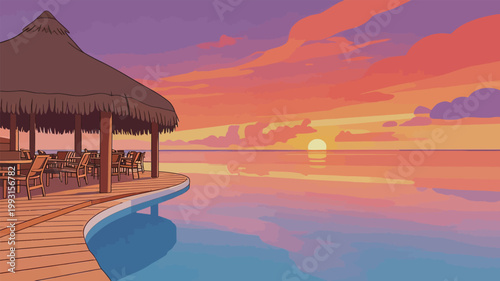 Sunset Over Tropical Beach Resort with Thatched Hut