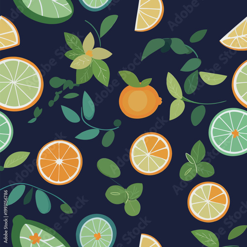 Seamless Pattern of Citrus Fruits and Leaves
