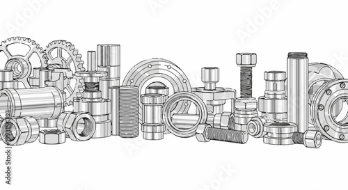 Assorted industrial metal components including gears, bolts, nuts, pipes, and flanges