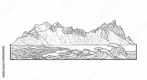 Jagged mountains overlook a rocky shore with crashing ocean waves