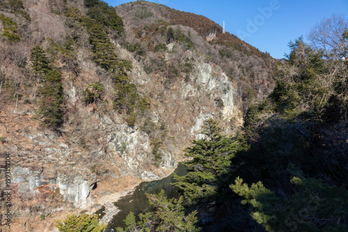 Kinugawa Onsen Landscape with Suspension Bridge and Valley View in Nikko, Tochigi, Japan