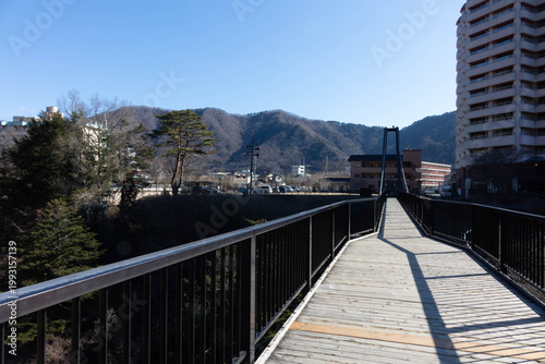 Kinugawa Onsen Landscape with Suspension Bridge and Valley View in Nikko, Tochigi, Japan