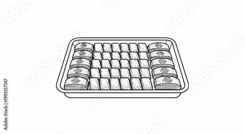 A tray of layered, diamond-shaped pastries adorned with seeds