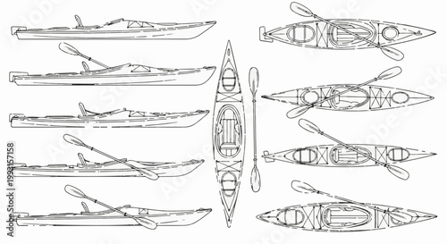 Collection of detailed sketches of various kayaks and paddles presented from different perspectives