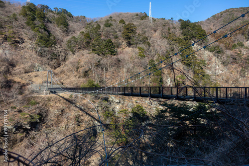 Kinugawa Onsen Landscape with Suspension Bridge and Valley View in Nikko, Tochigi, Japan