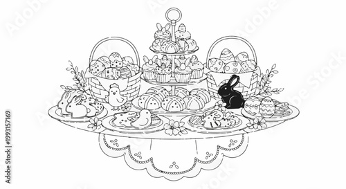 Festive Easter treats display with bunnies, eggs, cupcakes, and buns